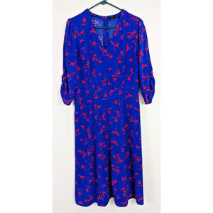 Ann Taylor Factory sz 8 Midi Dress blue floral v-neck gathered sleeves 1131